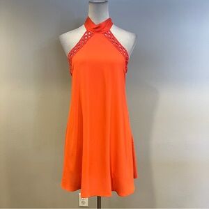 Elegant coral Orange color sleeveless mini Halter Dress with open back size S